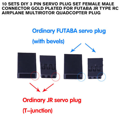 10 Sets DIY 3 Pin Servo Plug Set Female Male Connector Gold Plated For Futaba JR Type RC Airplane Multirotor Quadcopter Plug
