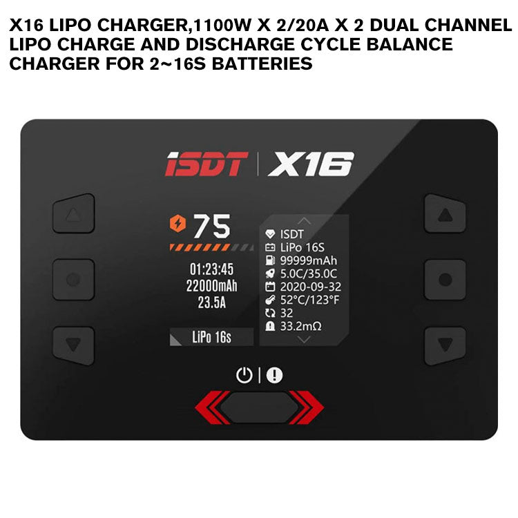 X16 Lipo Charger,1100W x 2/20A x 2 Dual Channel Lipo Charge and Discharge Cycle Balance Charger for 2~16S Batteries