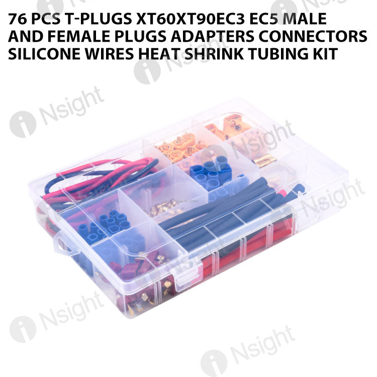 76 pcs T-plugs XT60XT90EC3 EC5 male and female plugs adapters connectors silicone wires heat shrink tubing kit