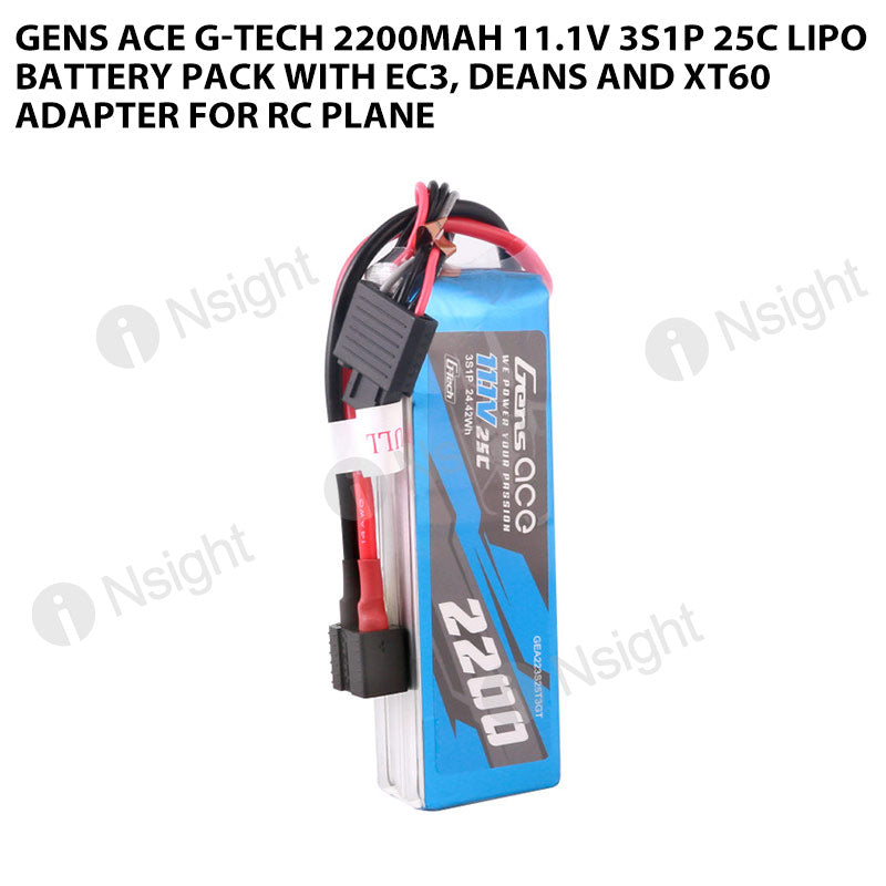 Gens Ace G-Tech 2200mAh 11.1V 3S1P 25C Lipo Battery Pack With EC3, Deans And XT60 Adapter For RC Plane
