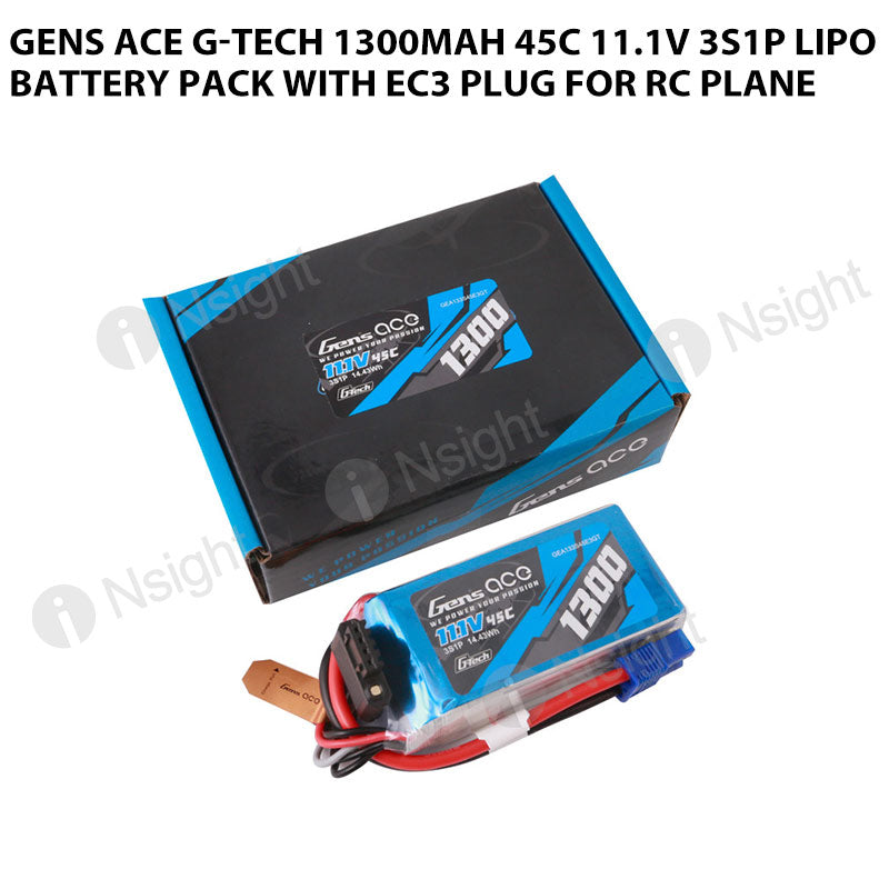 Gens Ace G-Tech 1300mAh 45C 11.1V 3S1P Lipo Battery Pack With EC3 Plug For RC Plane