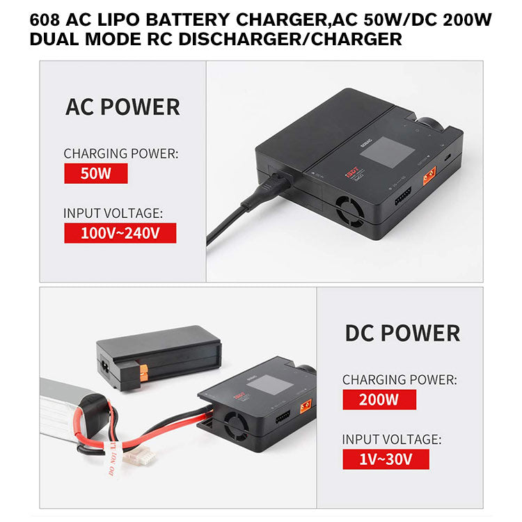 608 AC Lipo Battery Charger,AC 50W/DC 200W Dual Mode RC Discharger/Charger