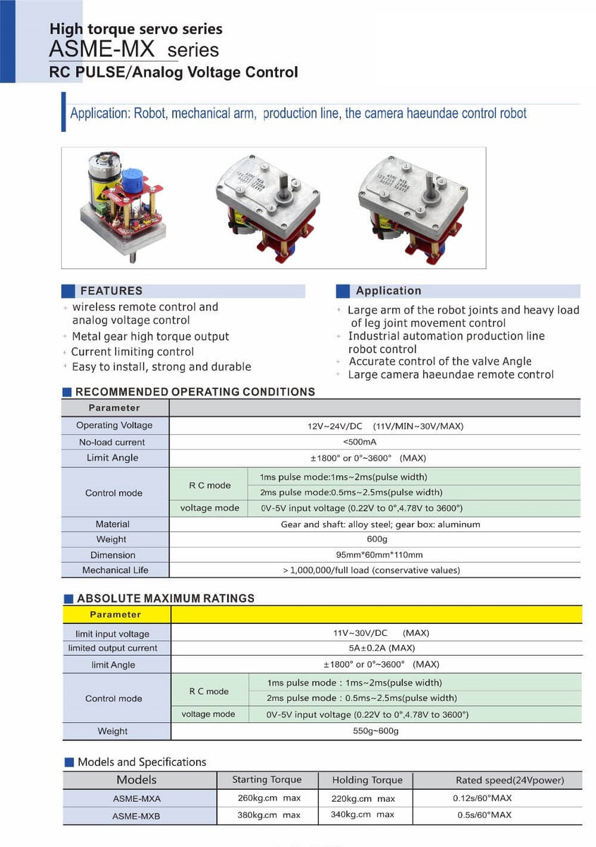 Servomoteur Haute Puissance ASME-MXB 3600° - 12V~24V - Couple 380 Kg.cm - Pour Grand Robot, Bras Articulé - Neuf