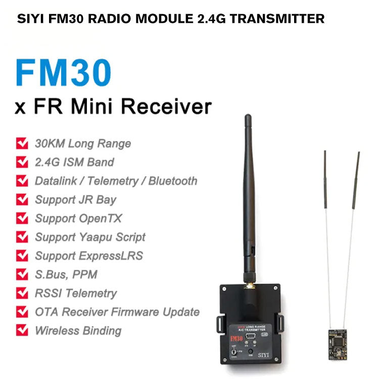 SIYI FM30 Radio Module 2.4G Transmitter with Bluetooth Long Range Mavlink Telemetry Datalink Mini Receiver Support OpenTX EdgeTX ExpressLRS Yaapu Script 30KM Range